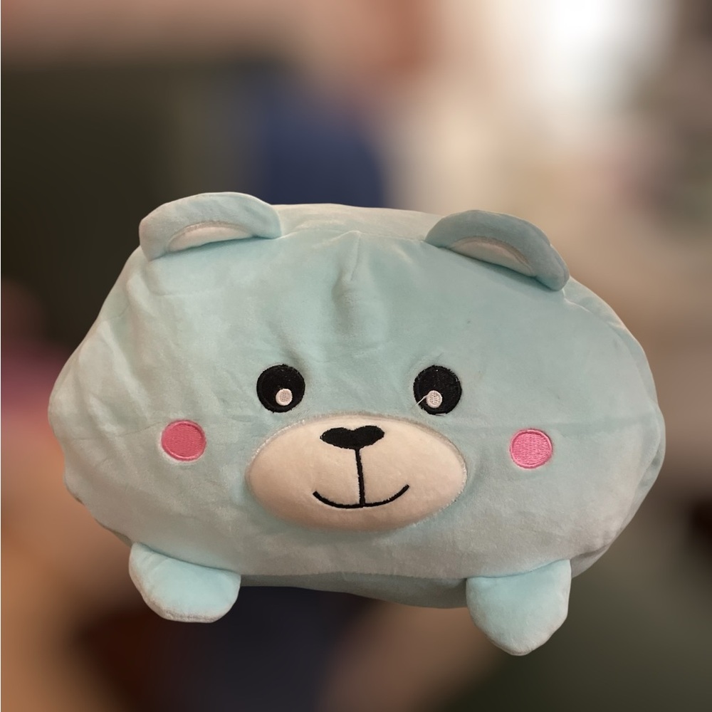 Blue and white teddy bear pillow
